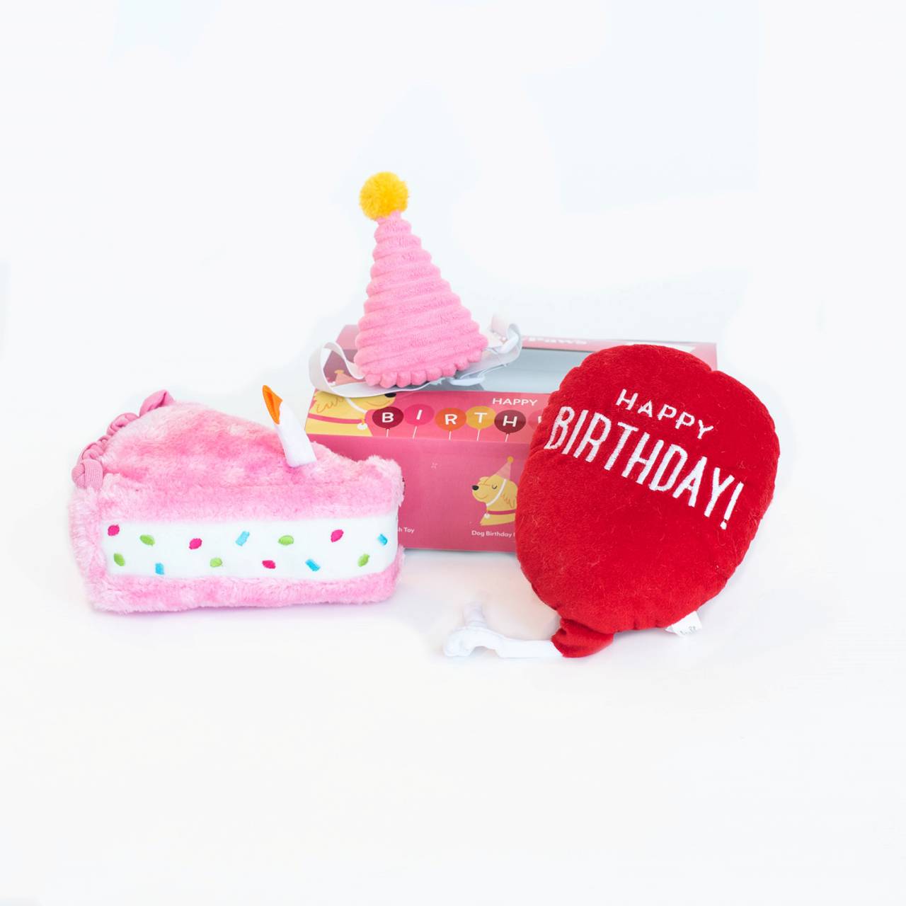 Zippy Paws Birthday Box Plush Squeaker Dog Toys - 3 Toys in Pink